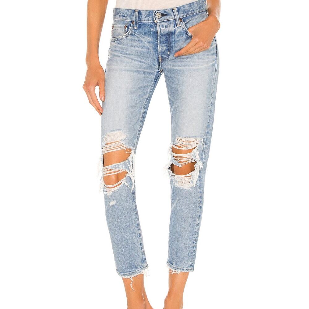 Moussy Vintage May Mid Rise Straight Leg Light Wash Distressed Button Fly Jeans